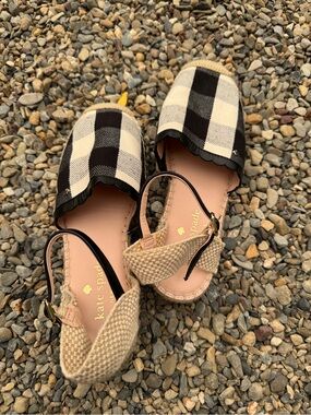 kate spade Black and Cream Plaid Scalloped Slingback Espadrilles